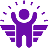 Purple human with arms raised and lines pointing up and out to reflect confidence
