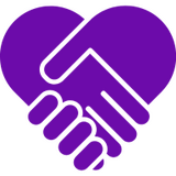 Purple hands shaking in the shape of a heart to reflect compassion