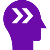 Purple head looking right with two right-facing chevrons inside to reflect vision